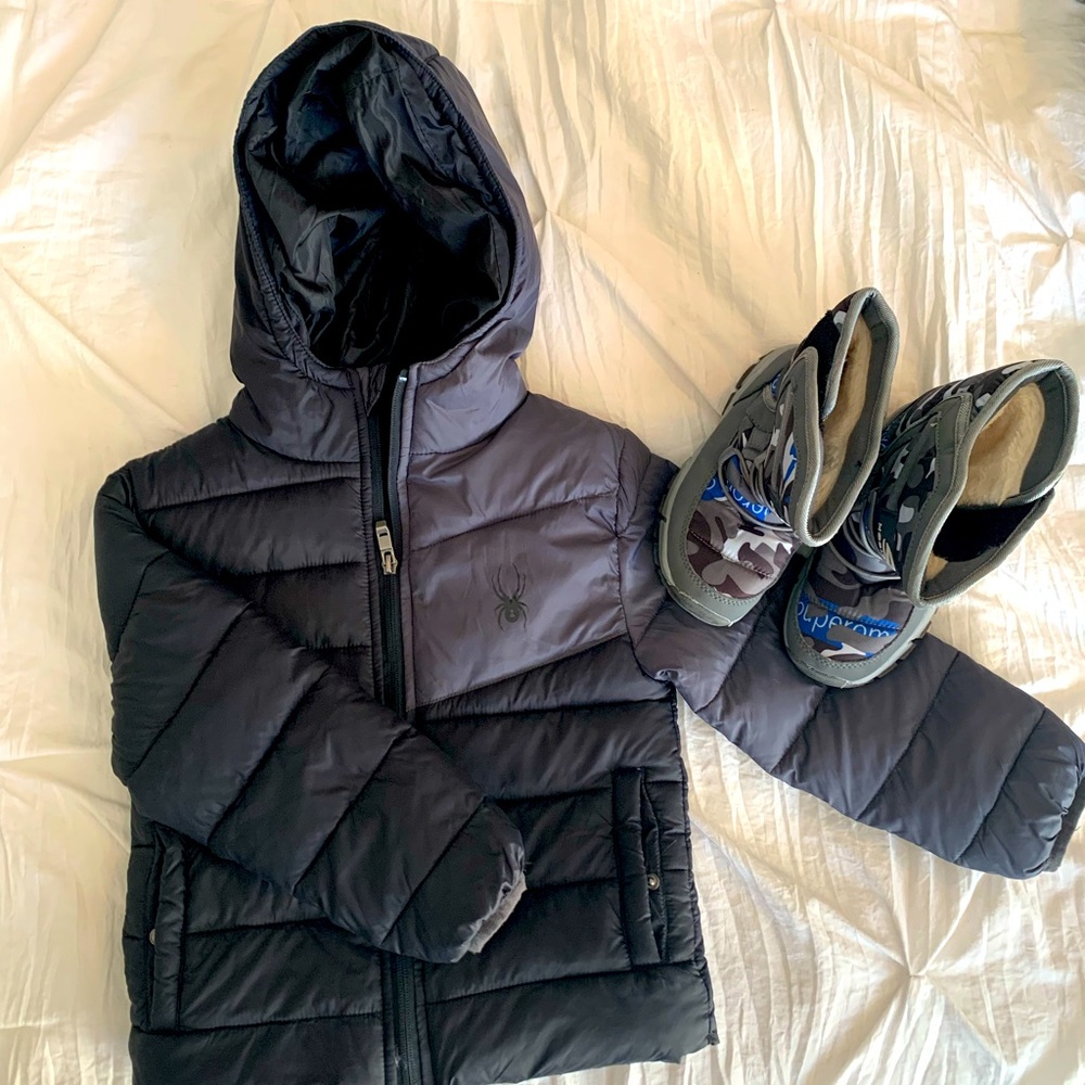 Winter Spyder puffer jacket (size 5) and snow boots (size 12)
